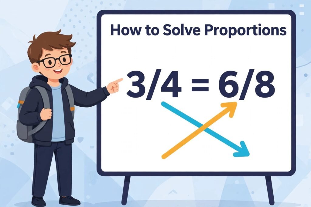 A student pointing at a whiteboard that says How to Solve Proportions and shows 3/4 = 6/8 with cross multiplication arrows.
